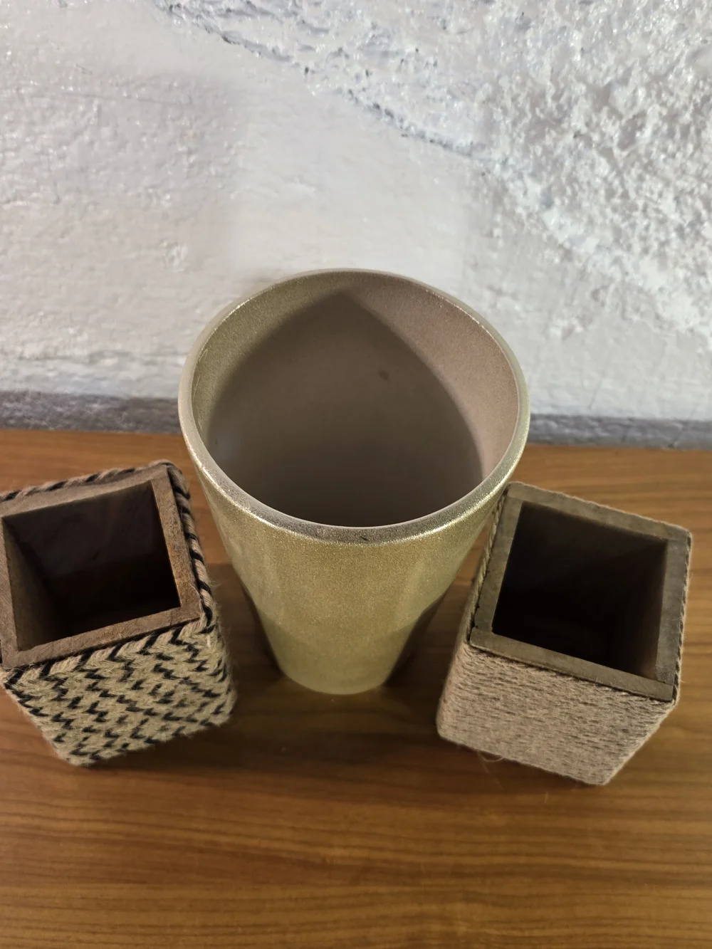 Boho Desk Organizer Set - 3pc Glossy Gold Vase & Burlap Wrapped Pencil Holders